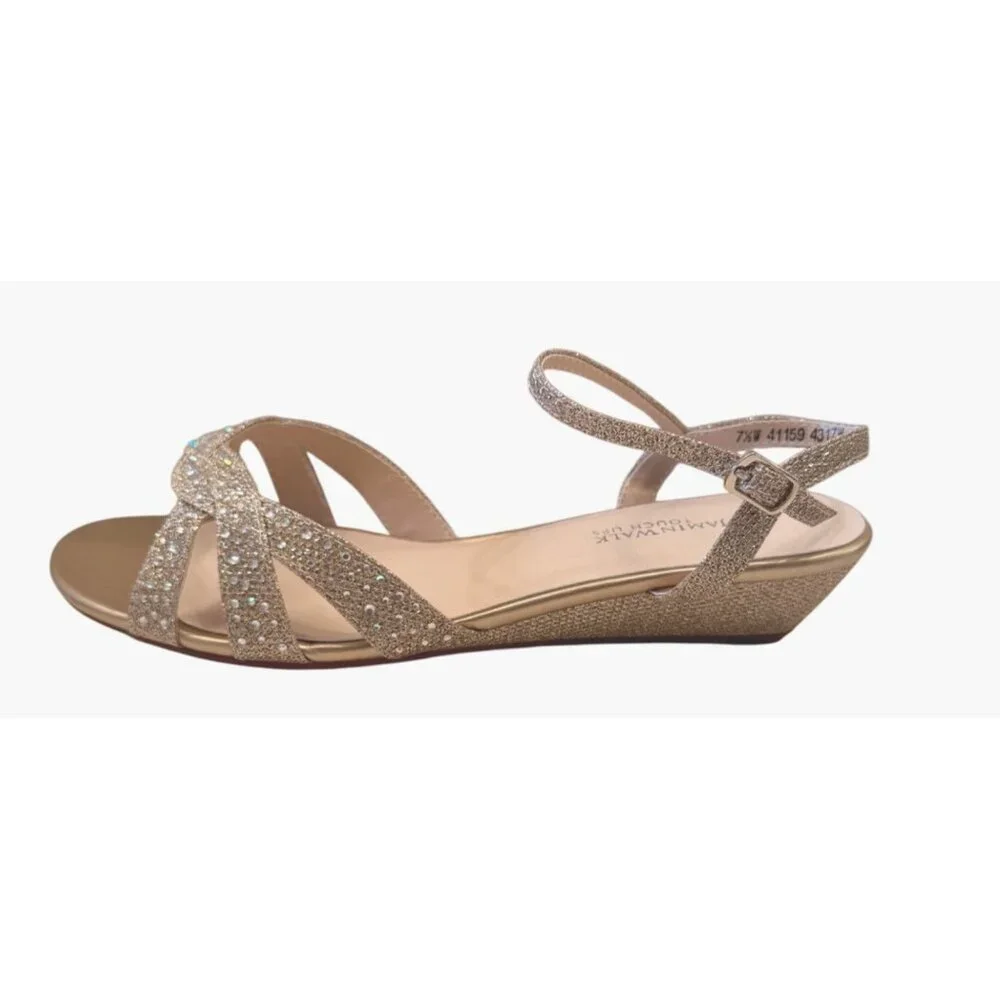 Benjamin Walk Lena Champagne Shimmer 7 1/2 Wide With Stones Low Wedge NWOB